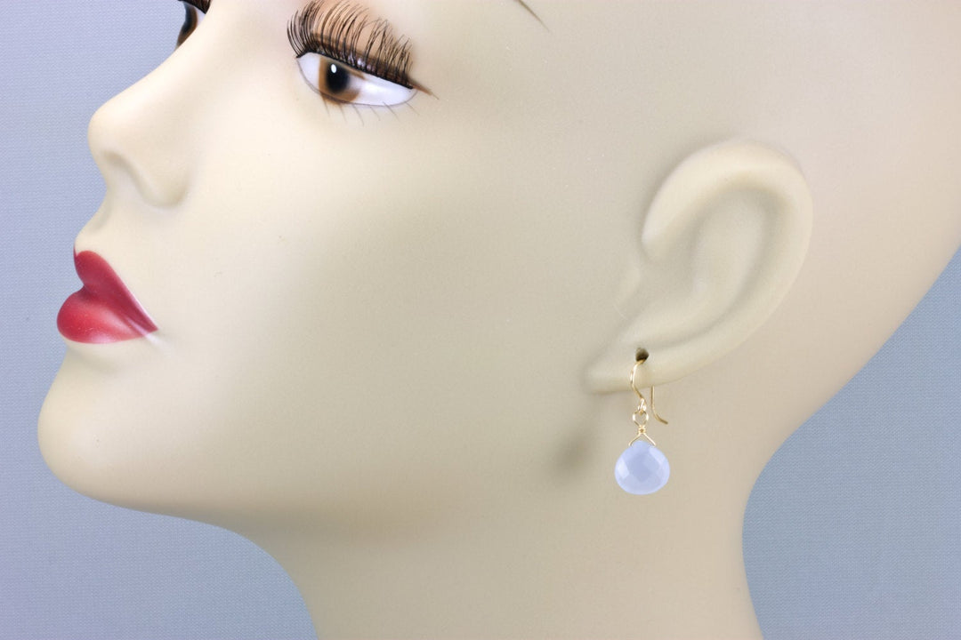 Steel Blue Gray Chalcedony Earrings Teardrop Heart Faceted Sterling Silver or 14k Solid Gold or Filled Simple Classic Daily Wear Drops