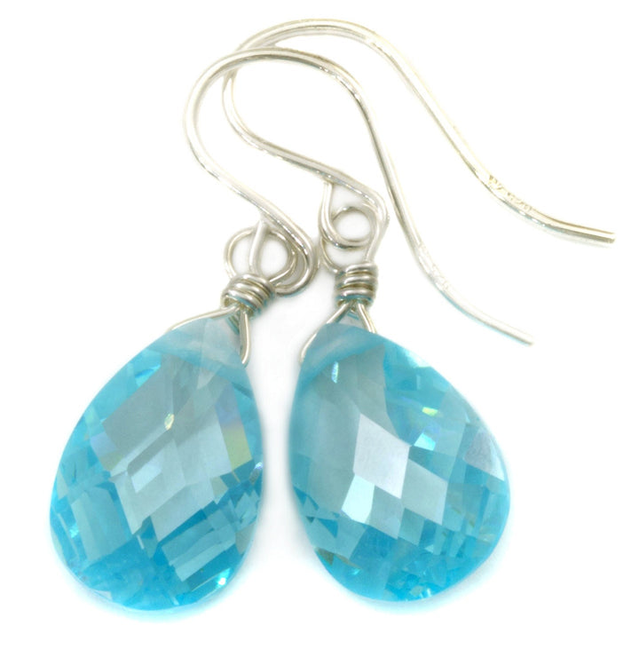 Aquamarine Cubic Zirconia Earrings Faceted Aqua Blue AAA CZ  14k Solid Gold or Filled or Sterling Silver Pear Teardrops Simple Aqua Drops