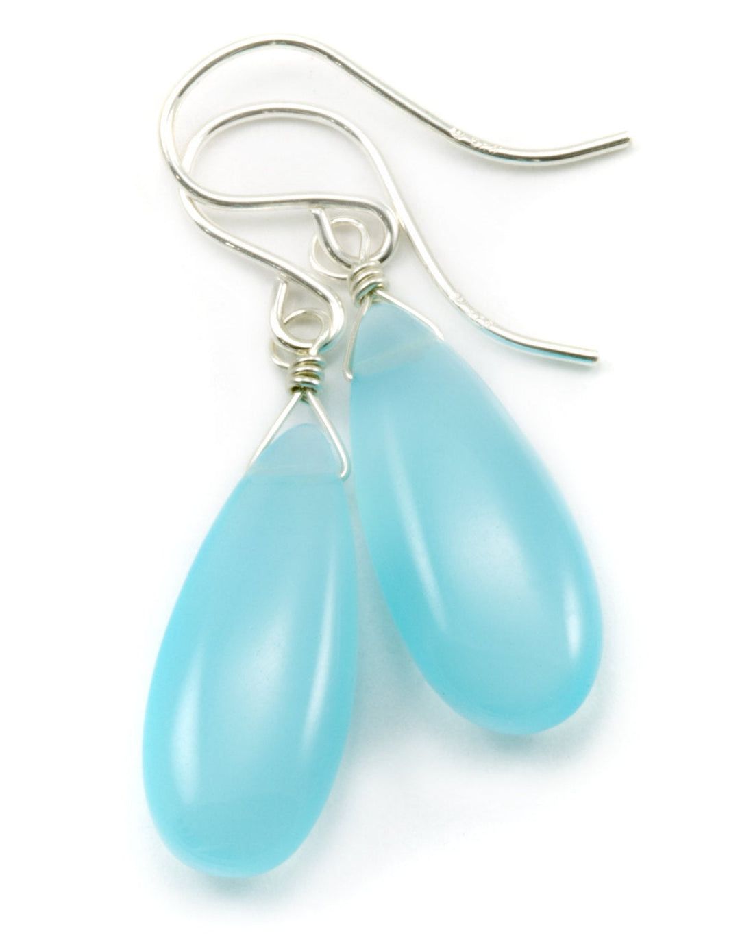 Light Blue Chalcedony Earrings Long Teardrop Shaped Smooth cut 14k Solid Gold or Filled Sterling Silver Puffed Pale Soft Blue Natural Drops