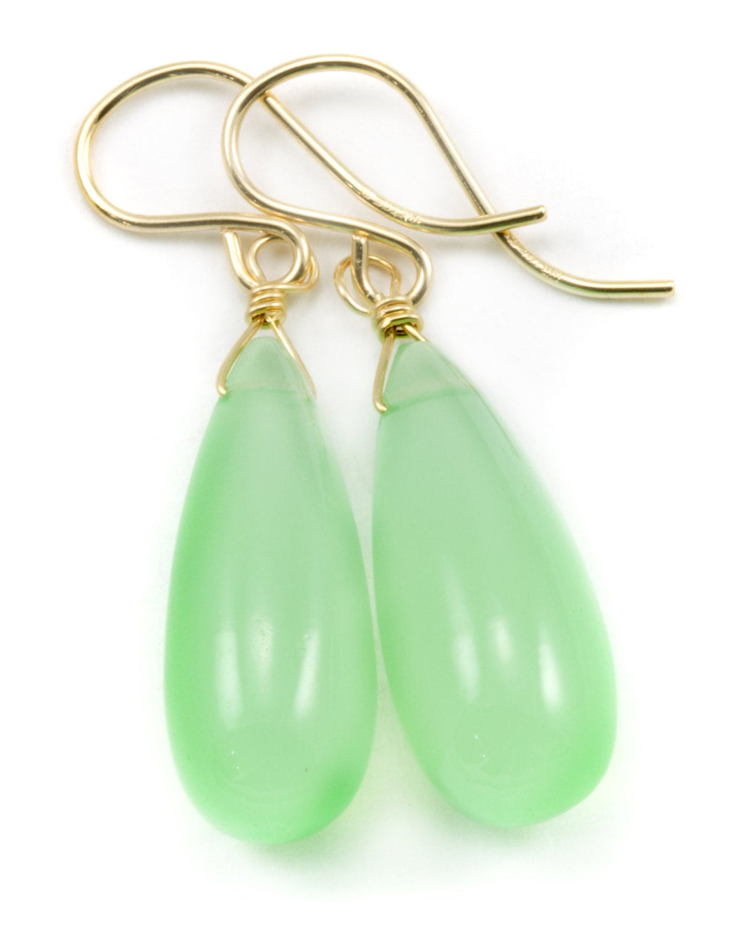 Green Chalcedony Earrings Long Teardrop  Smooth Sterling Silver or 14k Solid Yellow Gold or Filled AAA Pale Soft Green Rounded Drops Simple