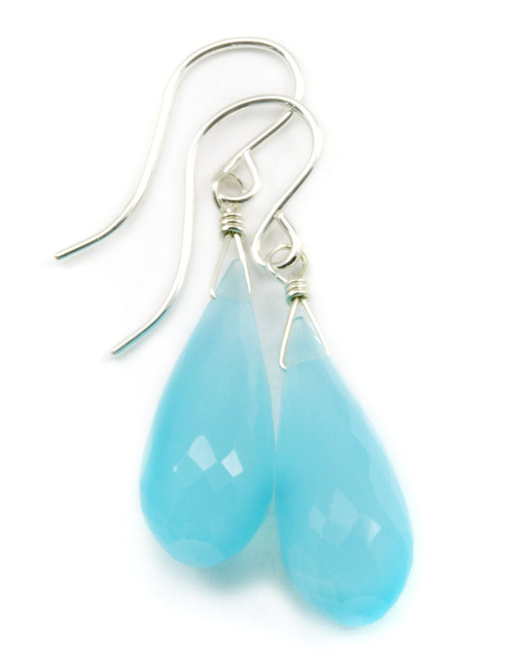 Light Blue Chalcedony Earrings Long Teardrop Briolettes Faceted 14k Solid Gold or Filled or Sterling Silver Sky Blue Micro Simple Drops