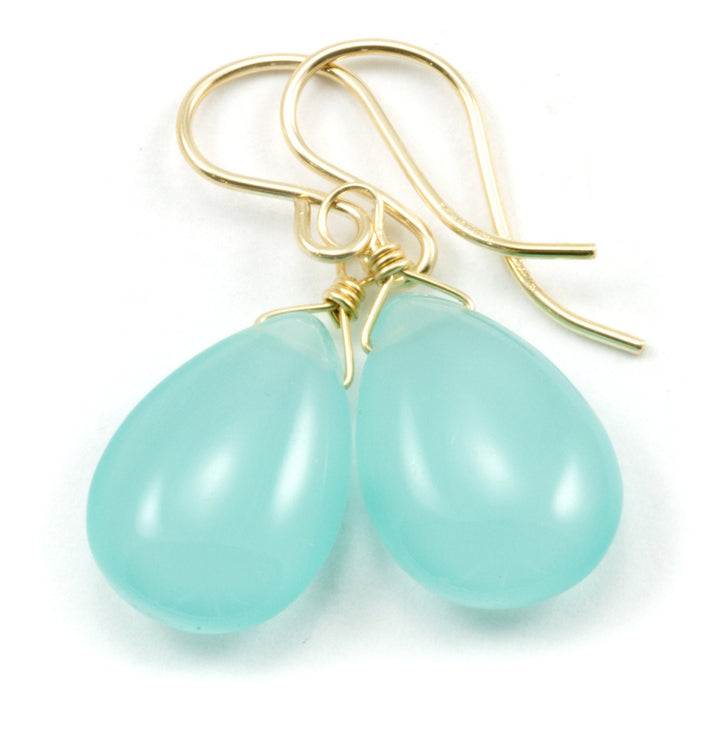 Aqua Blue Chalcedony Earrings Sterling Silver or 14k Solid Gold or Filled Teardrop Pear Smooth Cut Simple Natural Soft Blue Classic Daily