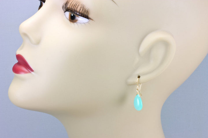 Aqua Blue Chalcedony Earrings Sterling Silver or 14k Solid Gold or Filled Teardrop Pear Smooth Cut Simple Natural Soft Blue Classic Daily