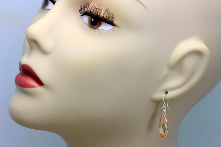 Peach Champagne Cognac Cubic Zirconia Earrings Faceted Long Teardrop CZ 14k Solid Gold or Filled or Sterling Silver Sim Diamond Dainty Drops