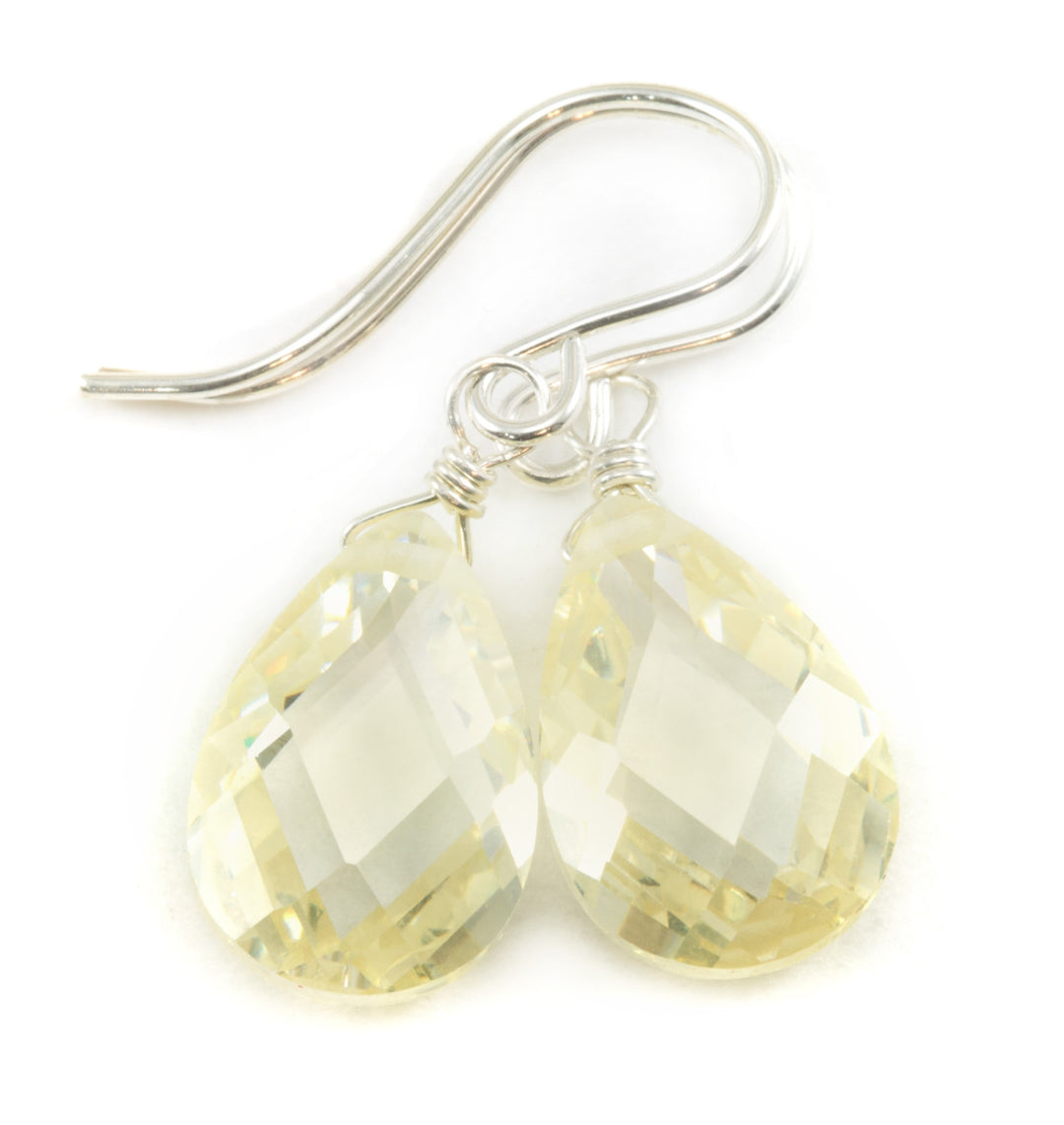 Pale Yellow Champagne Cubic Zirconia Sim Diamond Earrings CZ AAA  Sterling Silver or 14k Solid Gold or Filled Facet Pear simple dainty drops