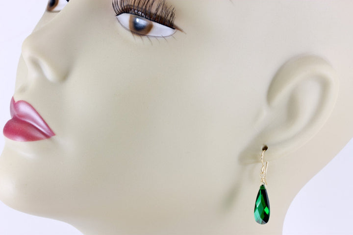 Emerald Green Cubic Zirconia Earrings Long Teardrop AAA CZ  Sterling Silver or 14k Solid Gold or Filled Faceted Simple Contemporary Drops
