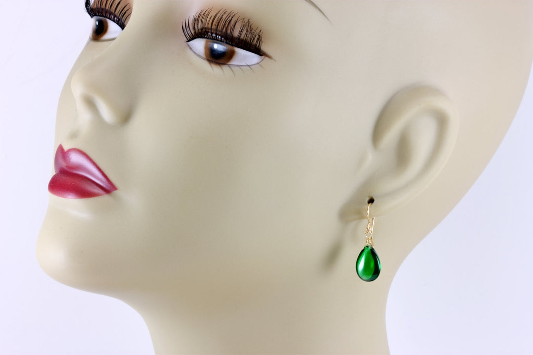 Emerald Green Cubic Zirconia Earrings Smooth Teardrop AAA CZ  Sterling Silver or 14k Solid Gold or Filled Rich Color Simple Dainty Drops