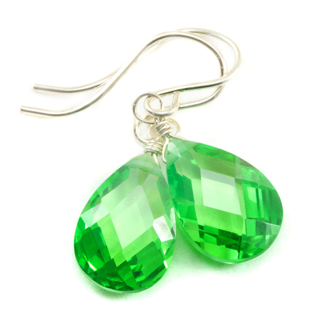 Peridot Green Cubic Zirconia Earrings Faceted Teardrop AAA CZ  Sterling Silver or 14k Solid Gold or Filled Pear Shape Bright Green Simple