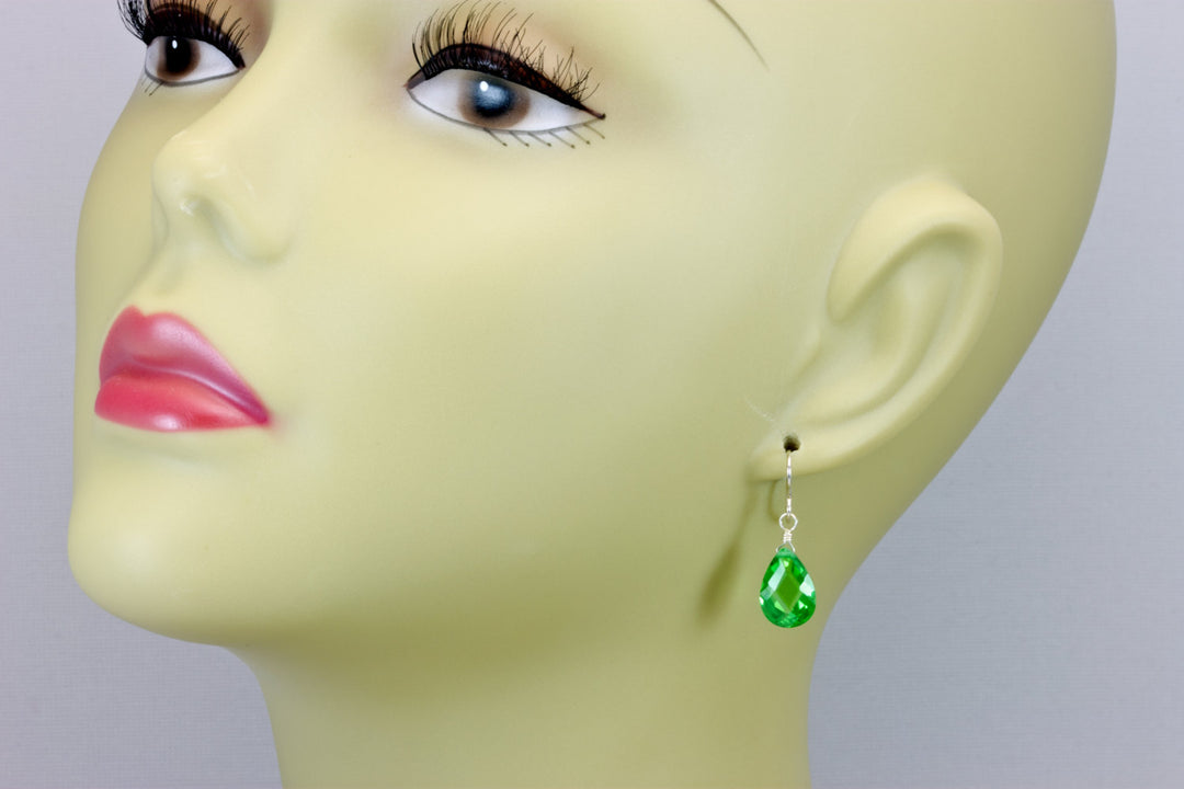 Peridot Green Cubic Zirconia Earrings Faceted Teardrop AAA CZ  Sterling Silver or 14k Solid Gold or Filled Pear Shape Bright Green Simple