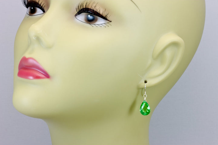 Peridot Green Cubic Zirconia Earrings Faceted Teardrop AAA CZ  Sterling Silver or 14k Solid Gold or Filled Pear Shape Bright Green Simple