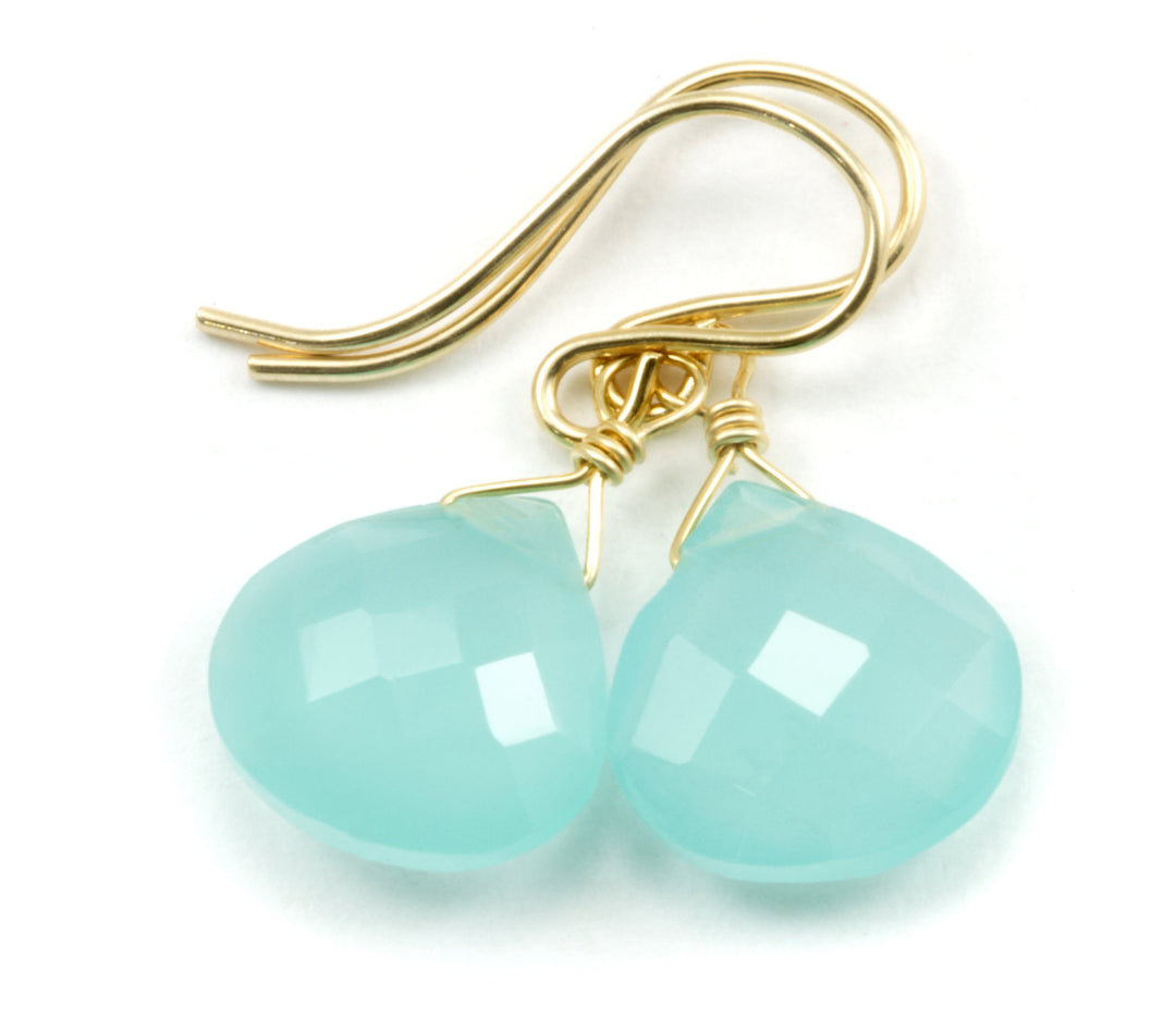 Aqua Blue Chalcedony Earrings Sterling Silver or 14k Solid Gold or Filled Teardrop Heart Faceted Soft Pale Blue Natural Dainty Daily Drops