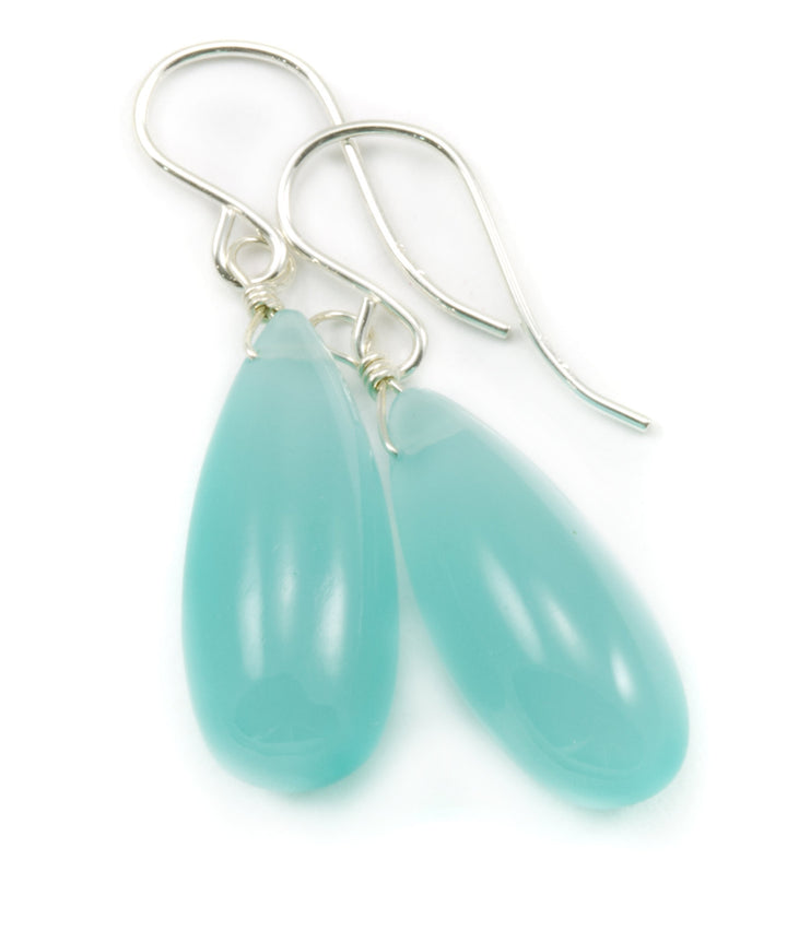 Aqua Blue Chalcedony Earrings 14k Solid Gold or Filled or Sterling Silver Long Teardrop Smooth Puffed Rounded Drops Soft Pale Simple Drops