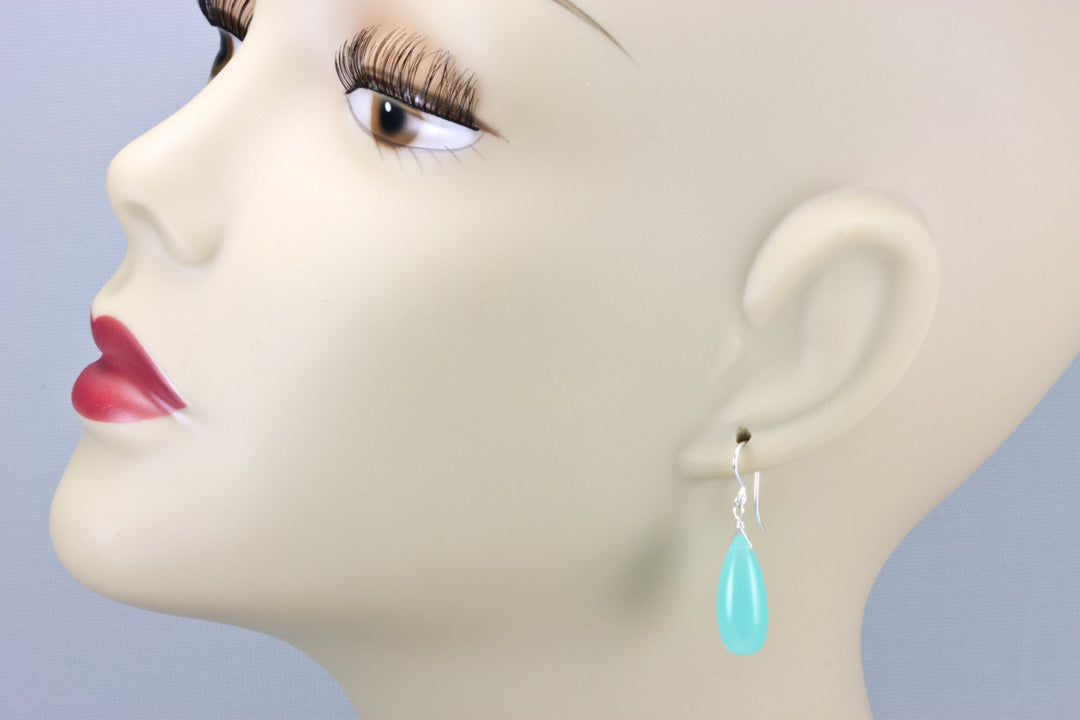 Aqua Blue Chalcedony Earrings 14k Solid Gold or Filled or Sterling Silver Long Teardrop Smooth Puffed Rounded Drops Soft Pale Simple Drops