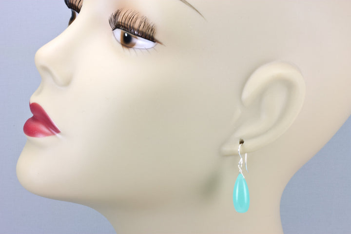 Aqua Blue Chalcedony Earrings 14k Solid Gold or Filled or Sterling Silver Long Teardrop Smooth Puffed Rounded Drops Soft Pale Simple Drops