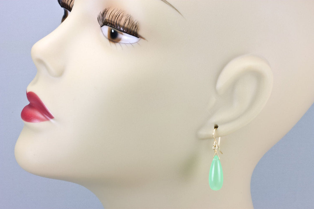 Green Chalcedony Earrings Long Teardrop  Smooth Sterling Silver or 14k Solid Yellow Gold or Filled AAA Pale Soft Green Rounded Drops Simple