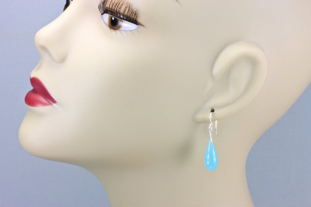 Light Blue Chalcedony Earrings Long Teardrop Briolettes Faceted 14k Solid Gold or Filled or Sterling Silver Sky Blue Micro Simple Drops