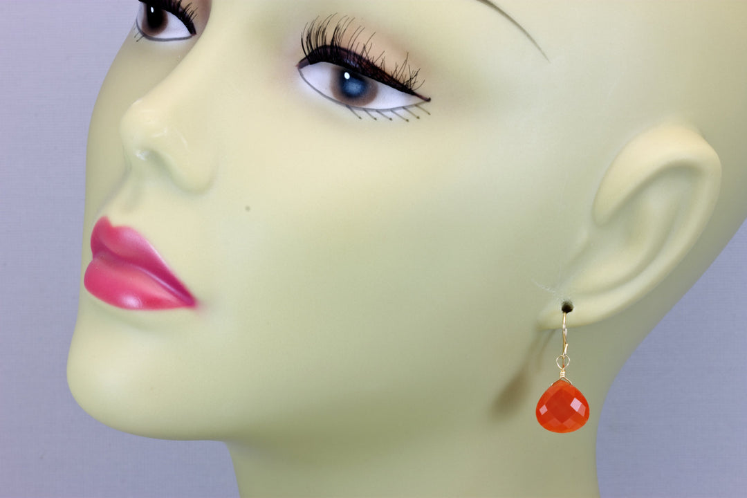 Carnelian Earrings Natural Orange Faceted Heart Drop Sterling silver or 14k Solid Gold or Filled Earthy Orange Chalcedony Basic simple