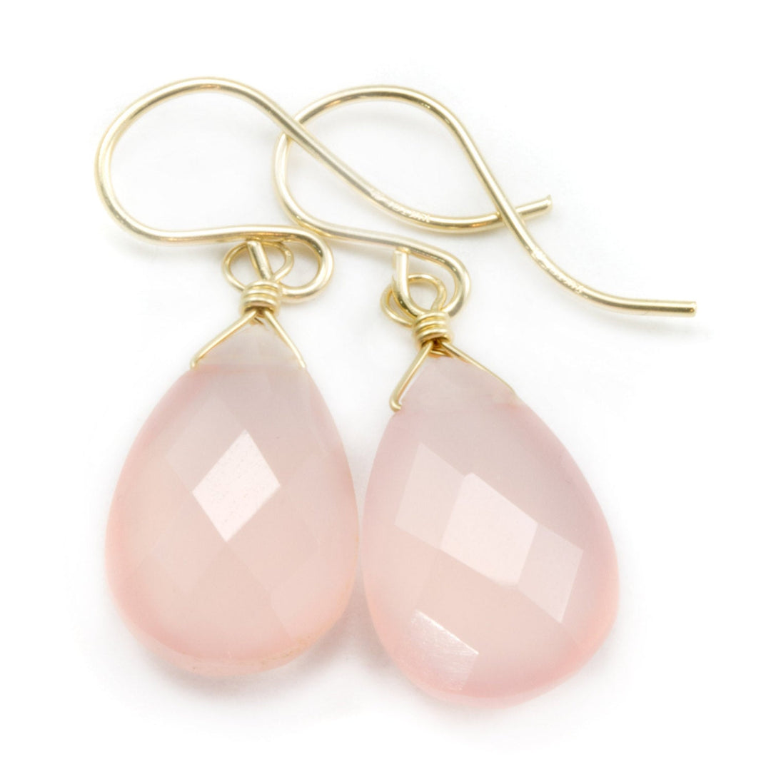 Pink Chalcedony Earrings Sterling Silver or 14k Solid Gold or Filled Faceted Teardrop Faceted Pear Briolette Pale Light Soft Natural Classic