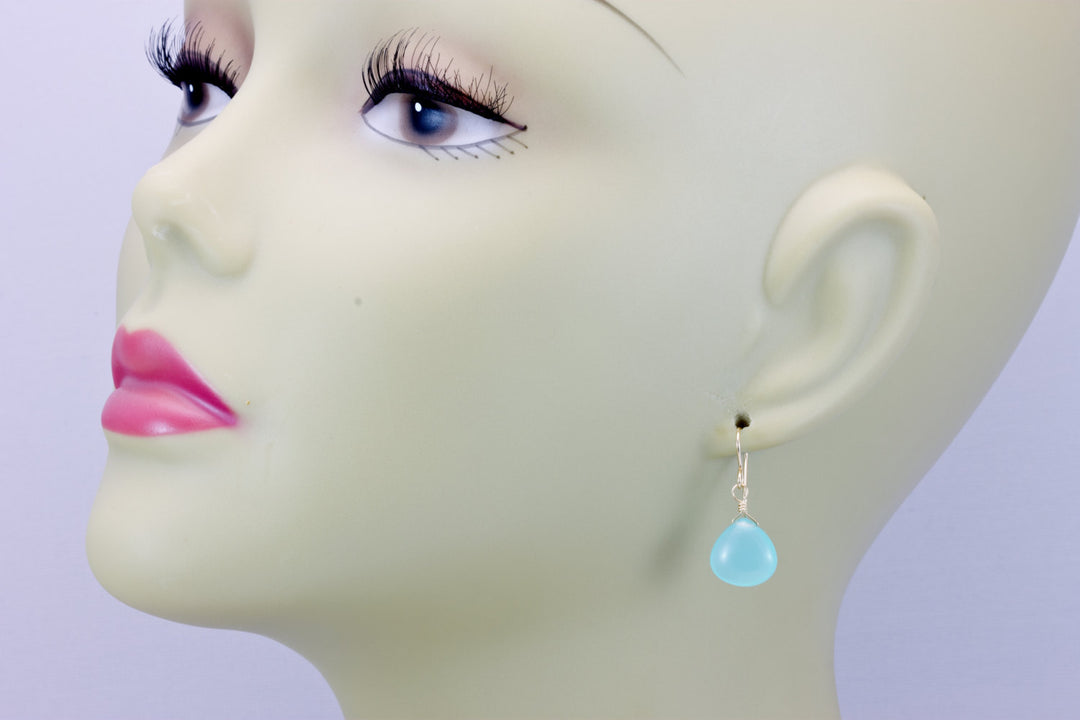 Aqua Blue Chalcedony Earrings Smooth Heart 14k Solid Gold or Filled or Sterling Silver Simple Soft Pale Color Teardrops Everyday Daily Drops