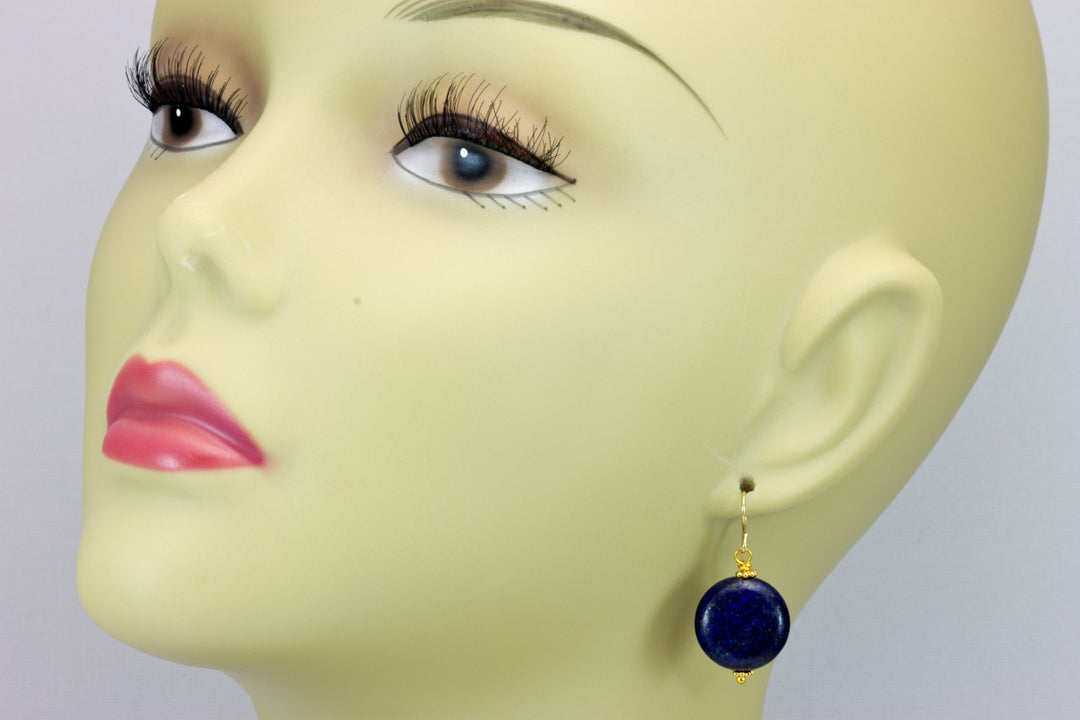 Blue Lapis Lazuli Earrings Button Round Drop Sterling Silver or 14k Solid Gold or Filled Earrings Puffed Buttons Beaded Accent Basic Simple