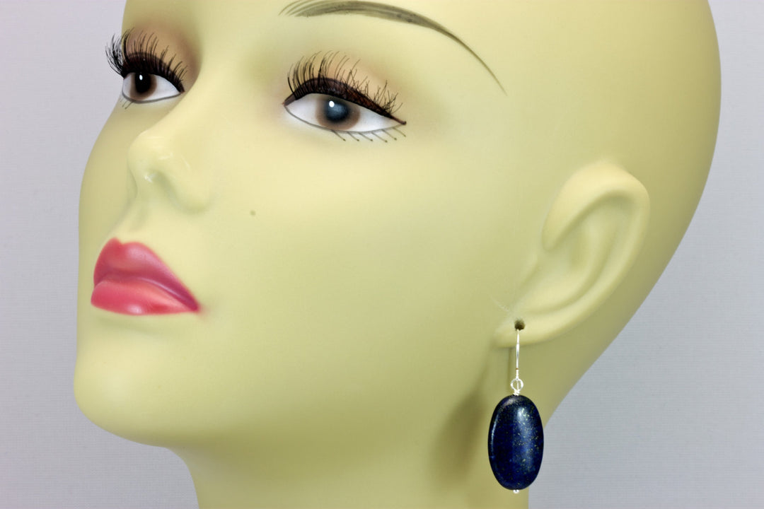 Blue Lapis Lazuli Earrings Natural Large Long Oval Smooth Sterling Silver or 14k Solid Gold or Filled Natural Pyrite Flecks Puffed Drops