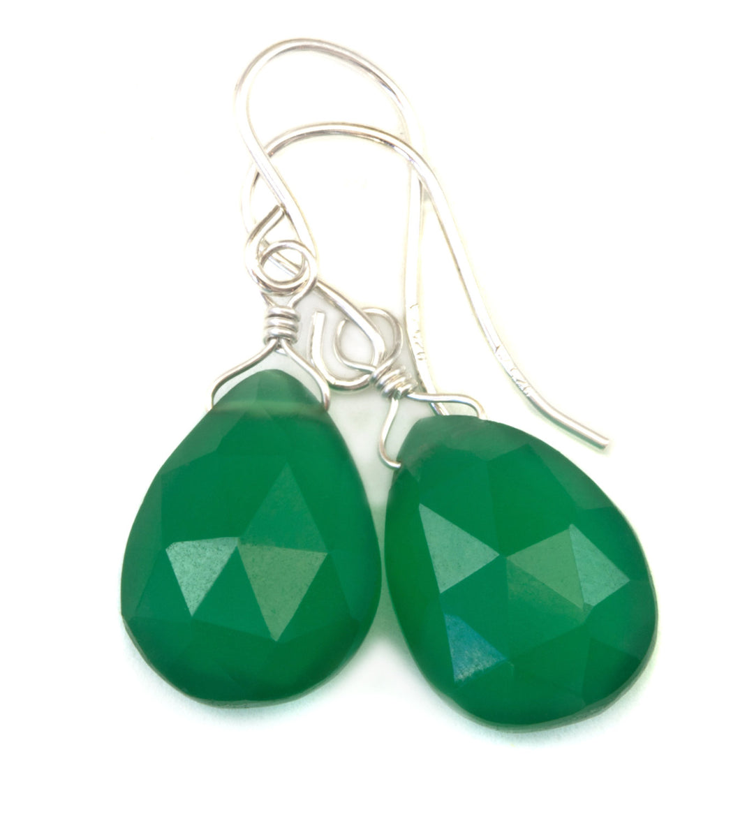 Green Onyx Earrings Faceted Drop Dangle Teardrop Sterling Silver or 14k Solid Gold or Filled Pear Shape Emerald Green Color Simple Classic