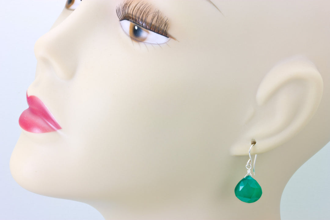 Green Onyx Earrings Faceted Drop Dangle 14k Solid Yellow gold or filled or sterling silver Rich Emerald in Color Heart Shaped Simple Daily