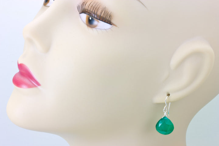 Green Onyx Earrings Faceted Drop Dangle 14k Solid Yellow gold or filled or sterling silver Rich Emerald in Color Heart Shaped Simple Daily