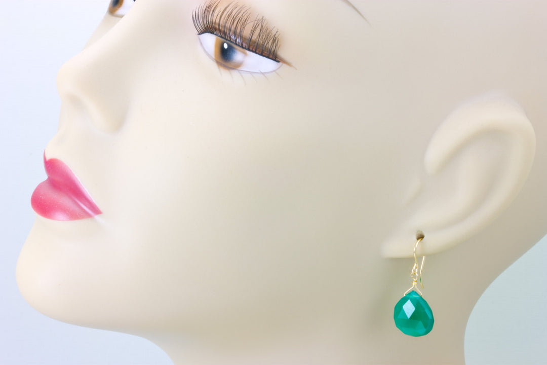 Green Onyx Earrings Faceted Drop Dangle 14k Solid Yellow gold or filled or sterling silver Rich Emerald in Color Heart Shaped Simple Daily