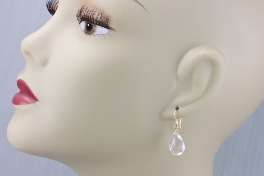 Crystal Clear Quartz Earrings Sterling Silver or 14k Solid Gold or Filled Teardrop Dangle Smooth pear teardrops simple natural daily drops