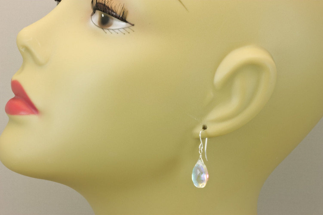 Mystic Clear Rainbow Quartz Earrings Pear  Teardrop Faceted 14k Solid Gold or Filled or Sterling Silver Irisedescent colors simple drops