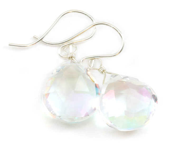 Mystic Clear Rainbow Quartz Earrings Heart Teardrop Faceted 14k Solid Gold or Filled or Sterling Silver iridescent daily wear simple drops