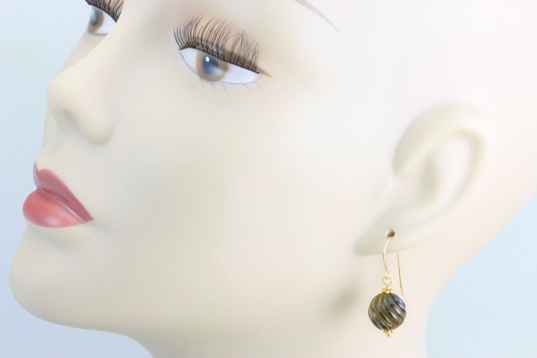 Smoky Quartz Earrings Smokey Dangle Round Sterling Silver or 14k Solid Gold or Filled Fancy Carved Swirl Smooth Design Simple Classic Drops