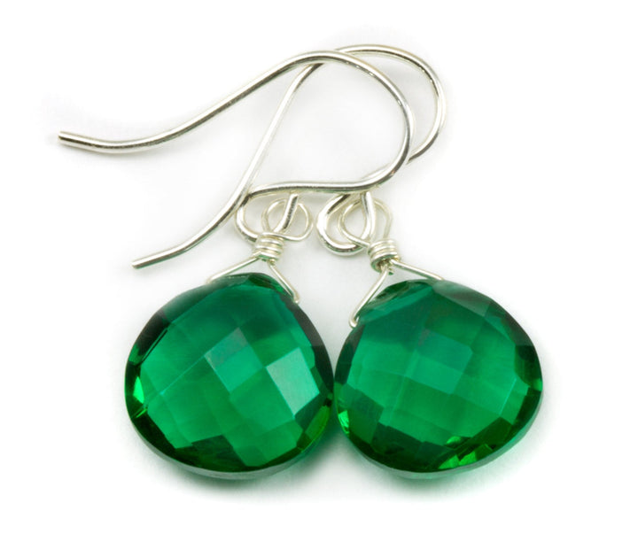 Emerald Green Earrings Faceted Simulated Emerald Heart Teardrop Drop 14k Solid Gold pr Filled or Sterling Silver Lightweight Dainty Simple