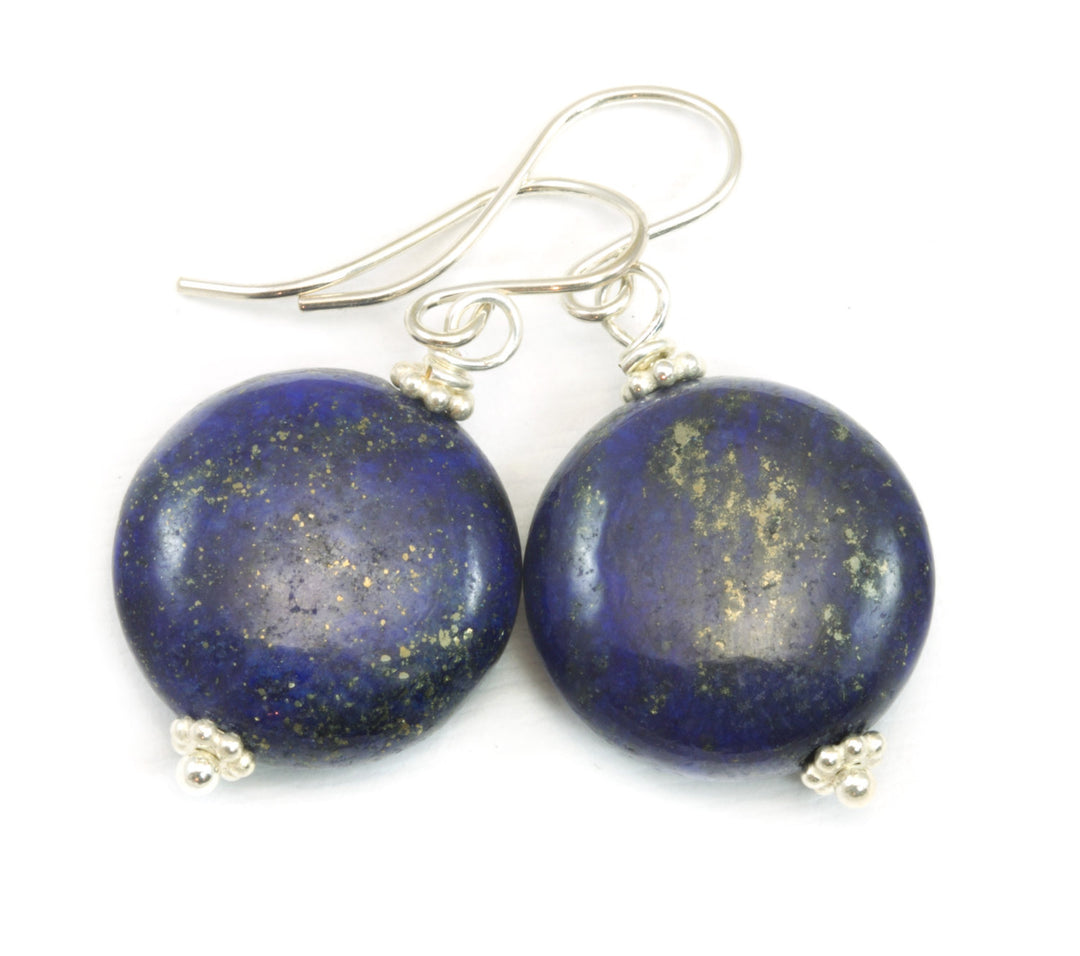 Blue Lapis Lazuli Earrings Button Round Drop Sterling Silver or 14k Solid Gold or Filled Earrings Puffed Buttons Beaded Accent Basic Simple
