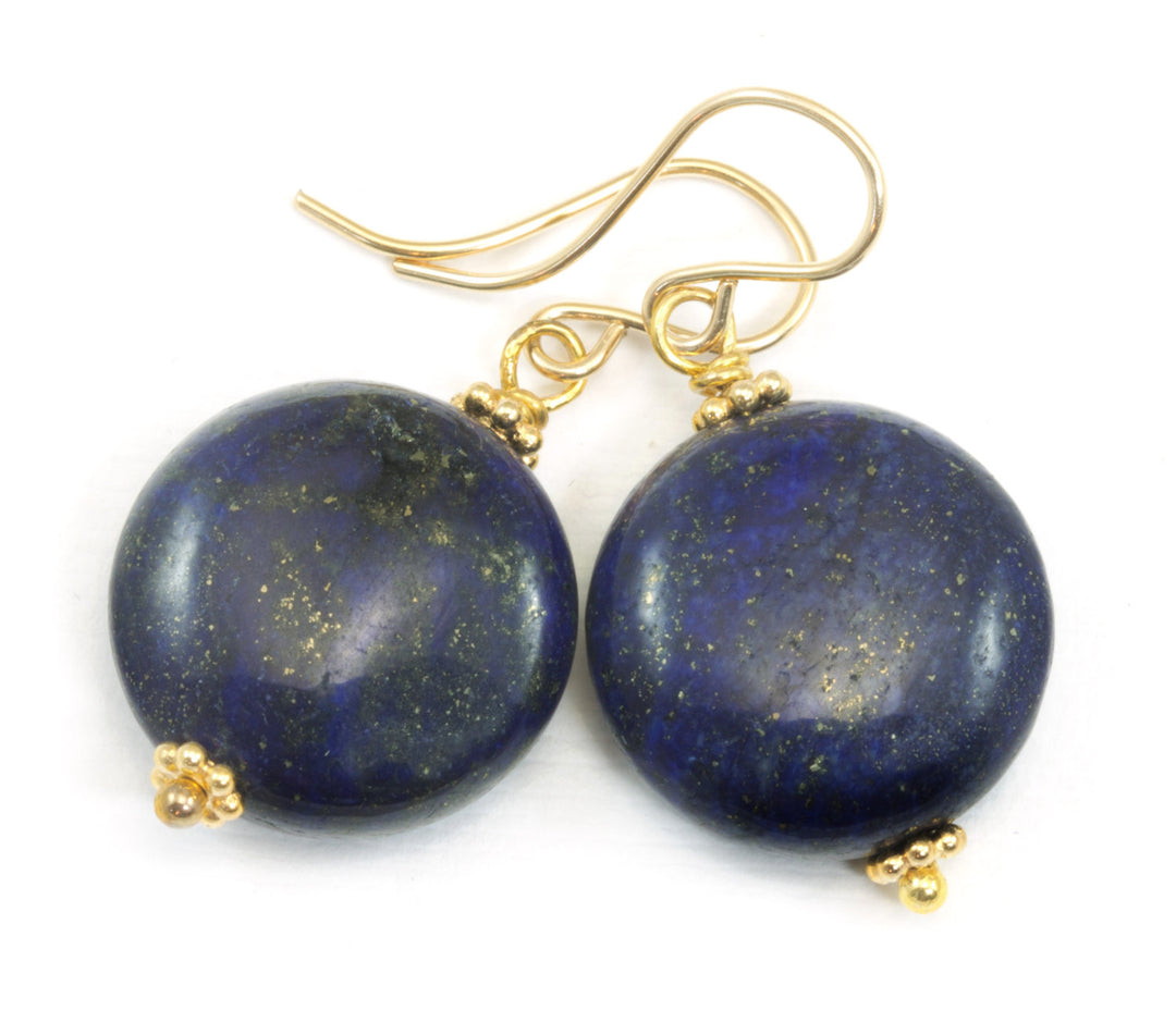 Blue Lapis Lazuli Earrings Button Round Drop Sterling Silver or 14k Solid Gold or Filled Earrings Puffed Buttons Beaded Accent Basic Simple