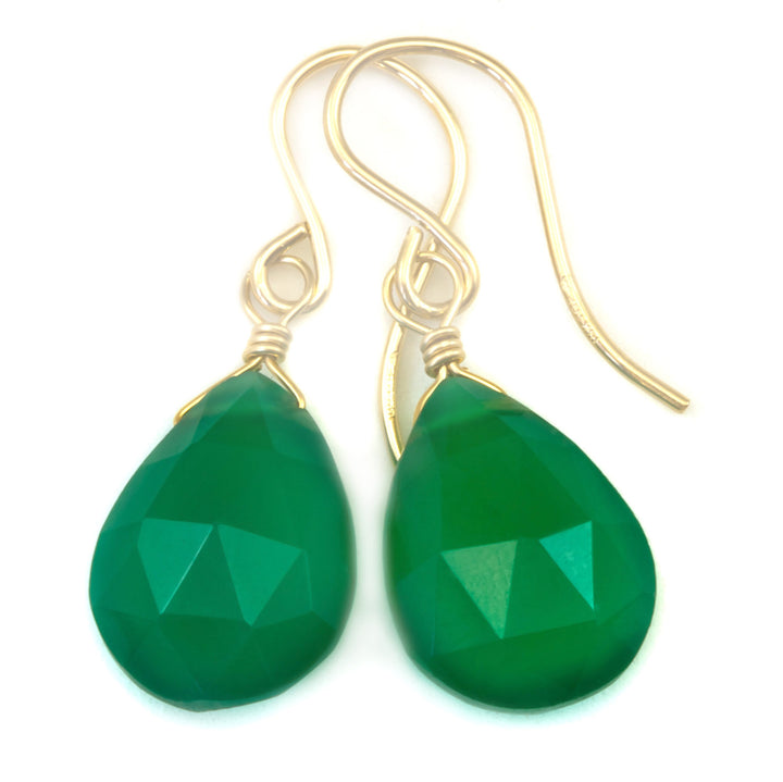 Green Onyx Earrings Faceted Drop Dangle Teardrop Sterling Silver or 14k Solid Gold or Filled Pear Shape Emerald Green Color Simple Classic