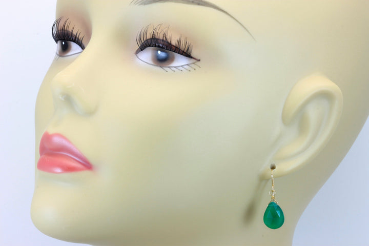 Green Onyx Earrings Faceted Drop Dangle Teardrop Sterling Silver or 14k Solid Gold or Filled Pear Shape Emerald Green Color Simple Classic