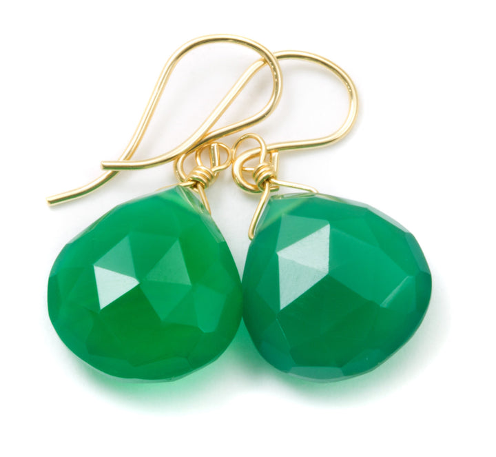 Green Onyx Earrings Faceted Drop Dangle 14k Solid Yellow gold or filled or sterling silver Rich Emerald in Color Heart Shaped Simple Daily