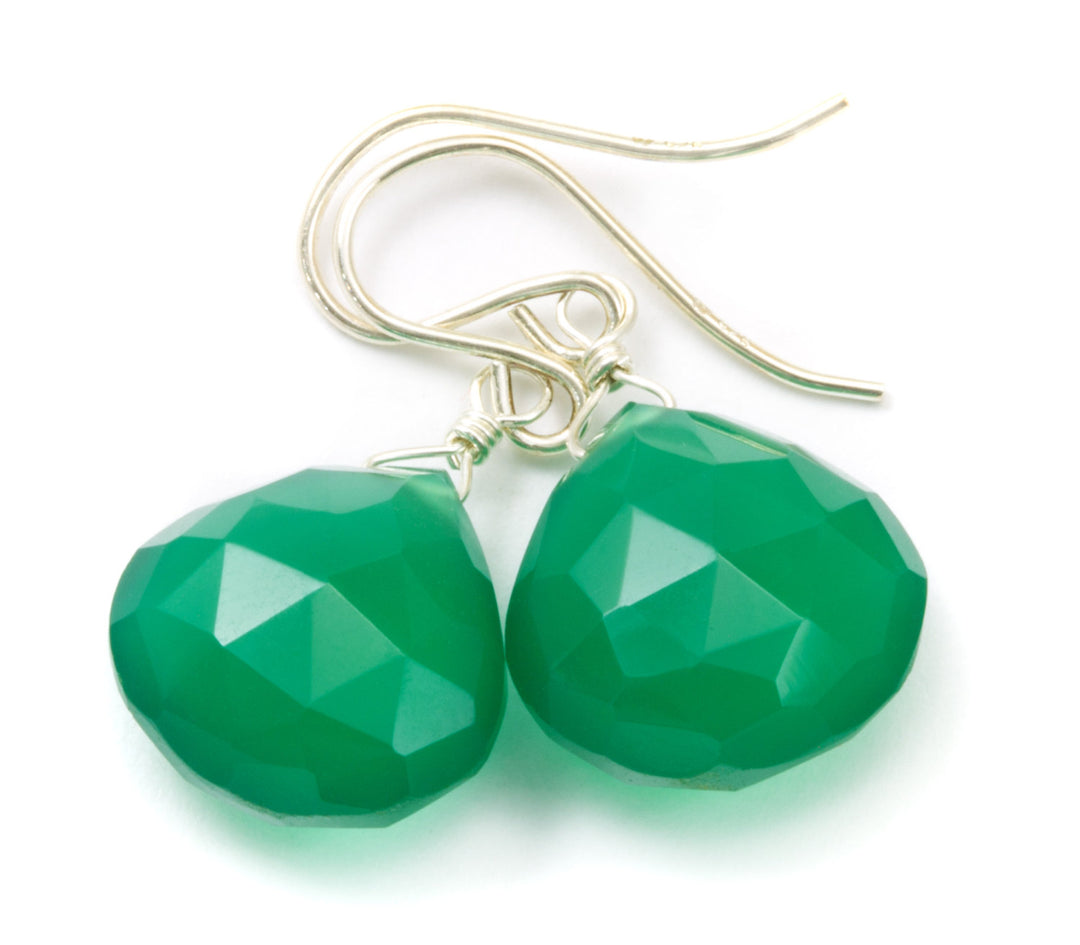 Green Onyx Earrings Faceted Drop Dangle 14k Solid Yellow gold or filled or sterling silver Rich Emerald in Color Heart Shaped Simple Daily