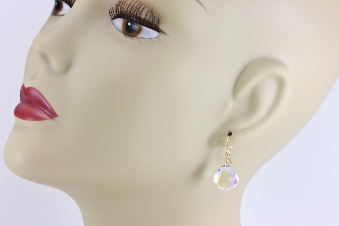 Mystic Clear Rainbow Quartz Earrings Heart Teardrop Faceted 14k Solid Gold or Filled or Sterling Silver iridescent daily wear simple drops