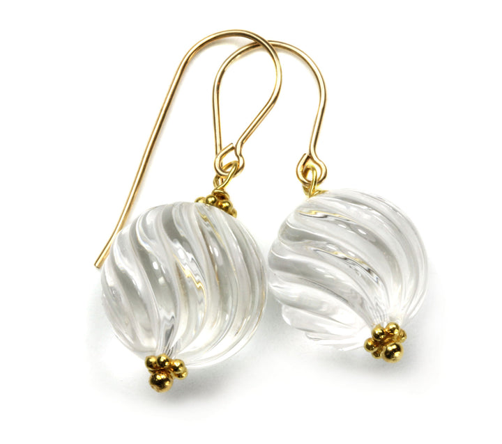 Clear Quartz Earrings Sterling Silver or 14k Solid Gold or Filled  Fancy Cut Smooth Natural Quartz Swirl Cut Round Beaded Accent Drops