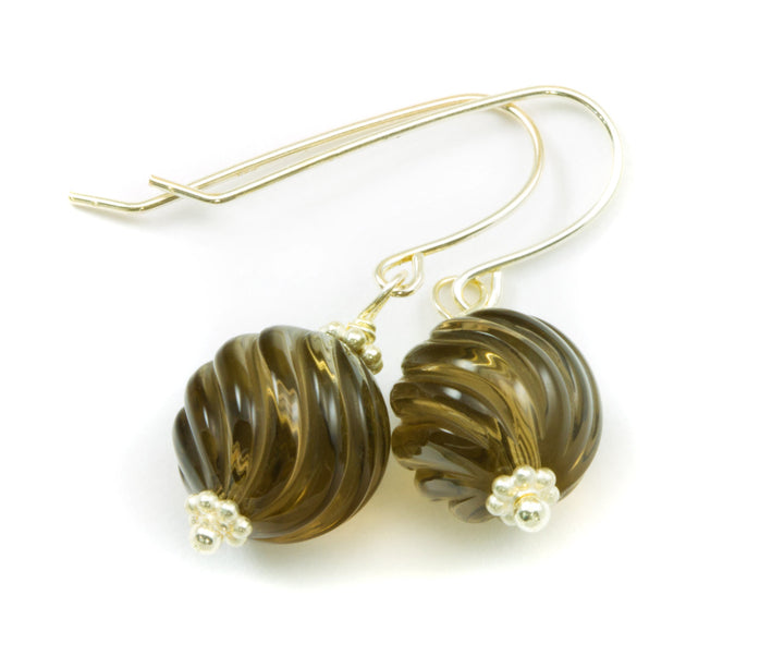 Smoky Quartz Earrings Smokey Dangle Round Sterling Silver or 14k Solid Gold or Filled Fancy Carved Swirl Smooth Design Simple Classic Drops