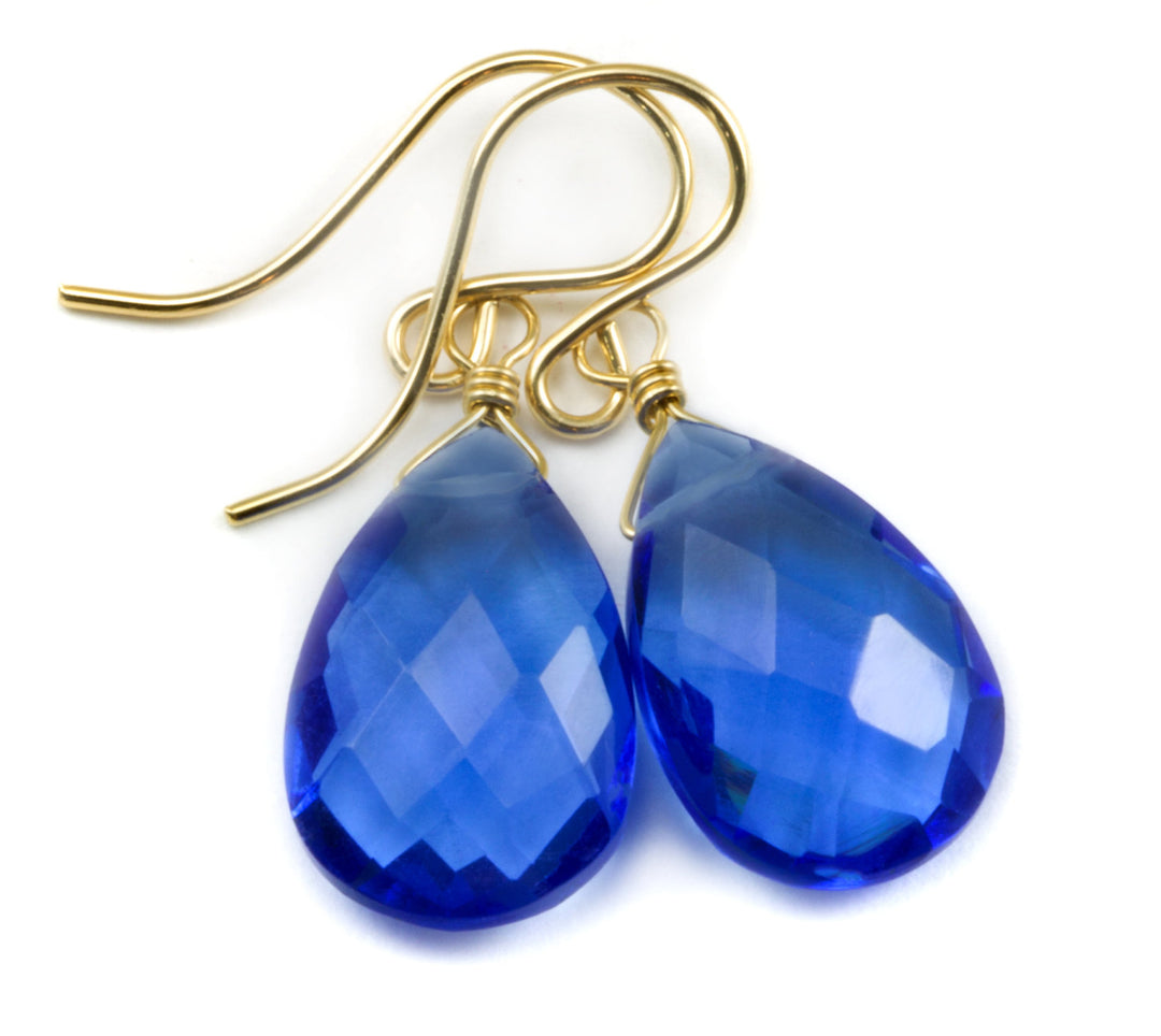 Sapphire Blue Earrings Faceted Simulated Pear Teardrop Drop Sterling Silver or 14k Solid Gold or Filled Simple Briolette Drops Simple Dainty