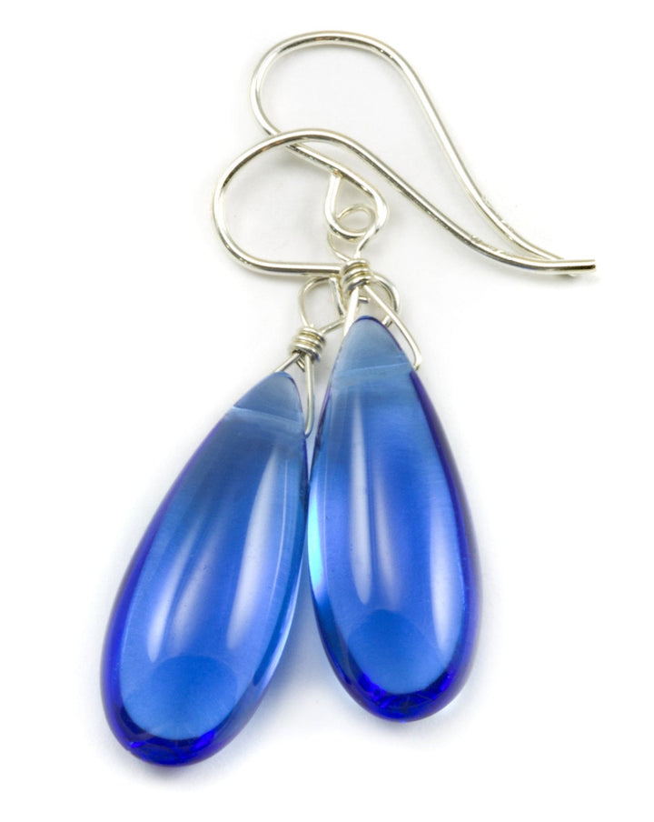 Sapphire Blue Earrings Teardrop Drop Dangle Long Simulated Smooth 14k Solid Gold or Filled or Sterling Silver Simple Spyglass Designs
