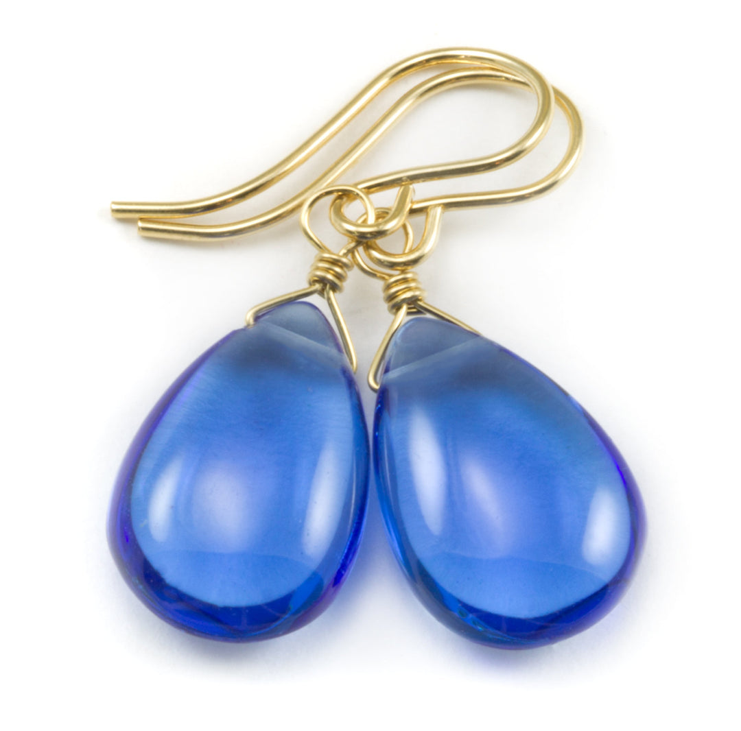 Sapphire Blue Earrings Teardrop Smooth Cut Simulated Pear 14k Solid Gold or Filled or Sterling Silver Simple Dainty Rich color hand wired