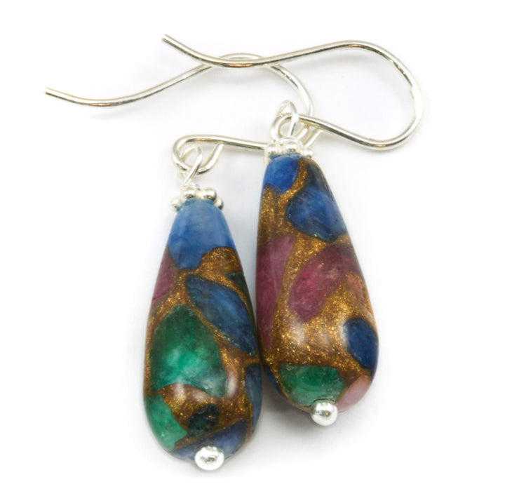 Mosaic Quartz Earrings Smooth Large Teardrop Dangle 14k solid Gold or Filled or Sterling Silver Blue Green Camel Round Drops Simple Colorful