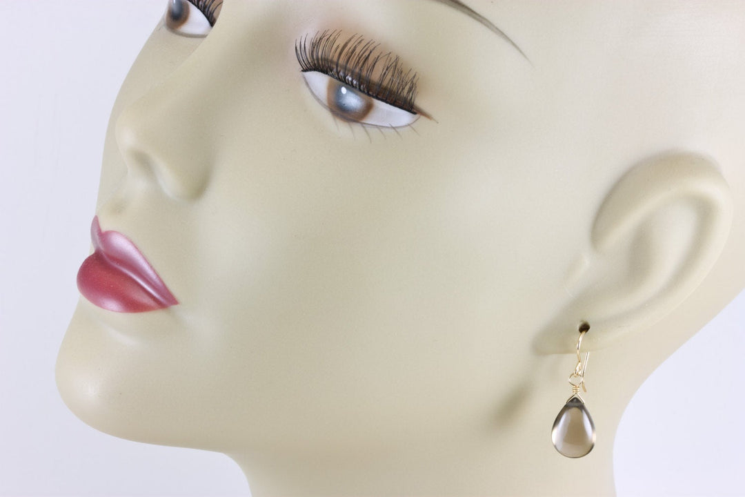 Smoky Quartz Earrings Sterling Silver or 14k Solid Gold or Filled Smooth Pear Briolette Smokey Teardrops Classic Simple Neutral Natural Drop