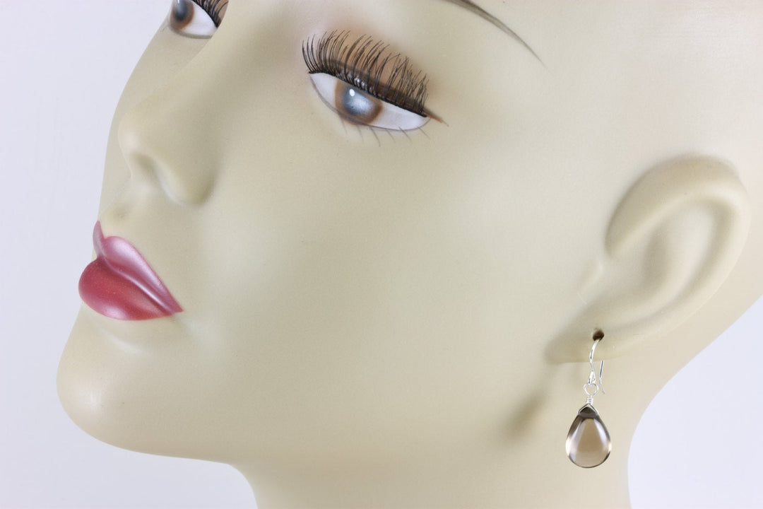Smoky Quartz Earrings Sterling Silver or 14k Solid Gold or Filled Smooth Pear Briolette Smokey Teardrops Classic Simple Neutral Natural Drop