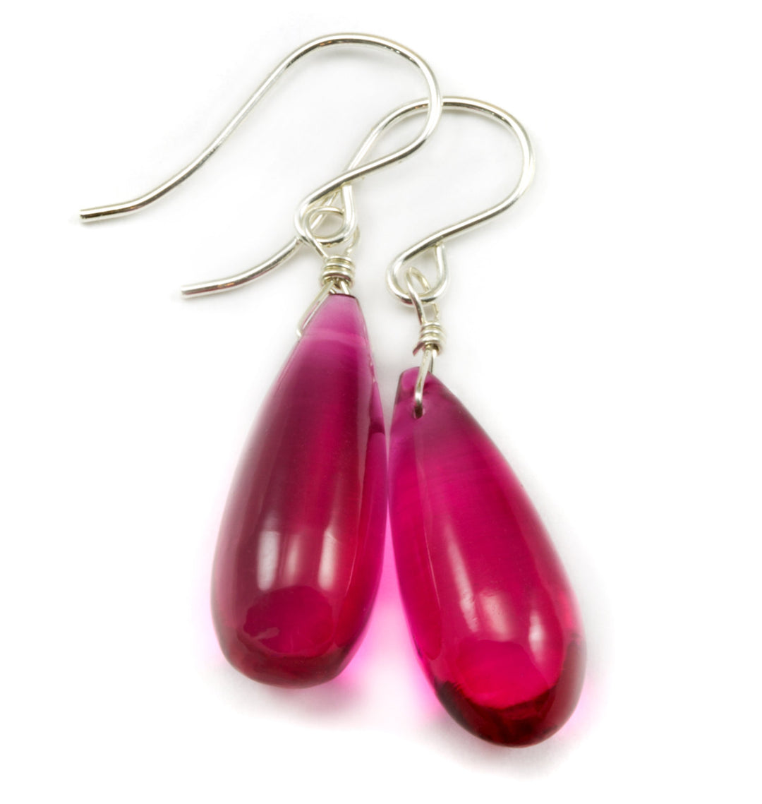 Hot Simulated Sapphire Pink Earrings Smooth Long Teardrop Dangle Sterling Silver or 14k Solid Gold or Filled Fat Round Drops Magenta Fuchsia
